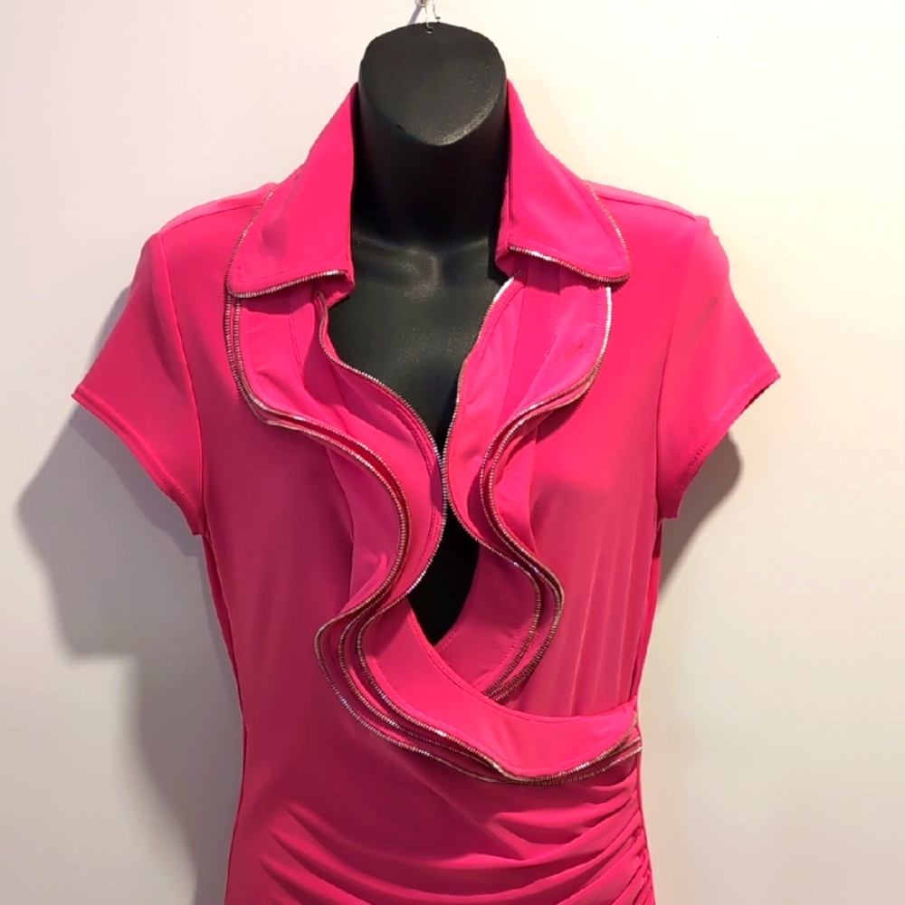 Joseph Ribkoff Pink Ruched Fitted Dress Size 8 Ruffled Neckline - Picture 2 of 8
